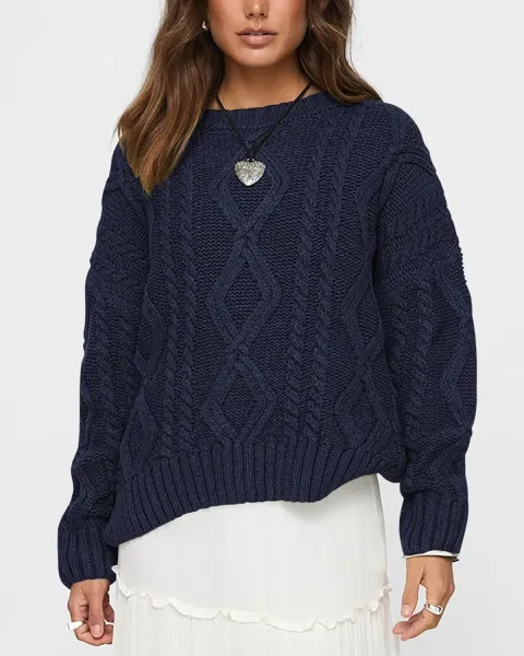 Free People Cable Knit Oversized Sweater Navy - 1