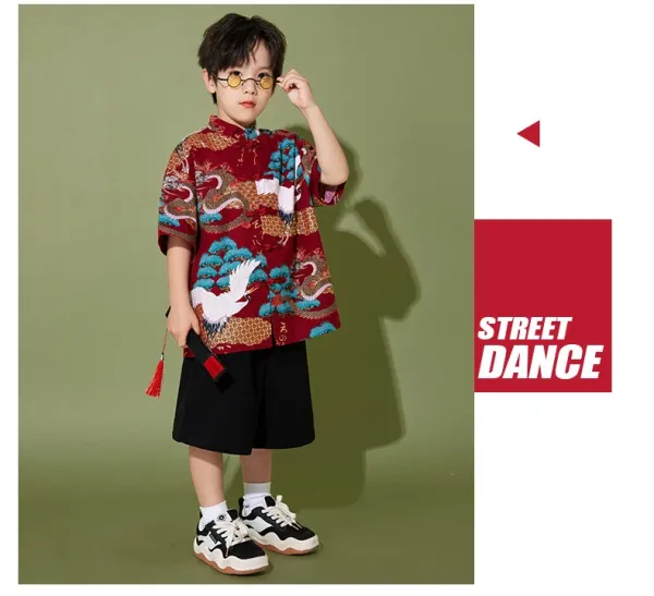 Traditional Chinese Dragon and Crane Print Shirt Set with Accessories in Red Multicolor - 12