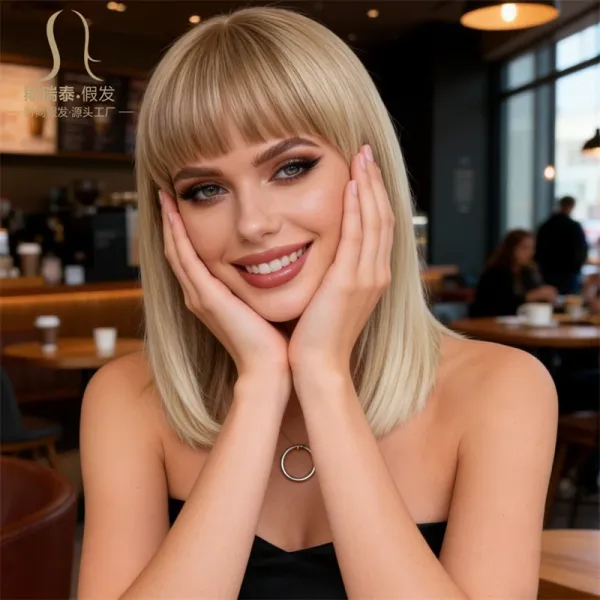 Siretai Synthetic Bob Wig with Bangs in Ash Blonde Hairpiece - 10