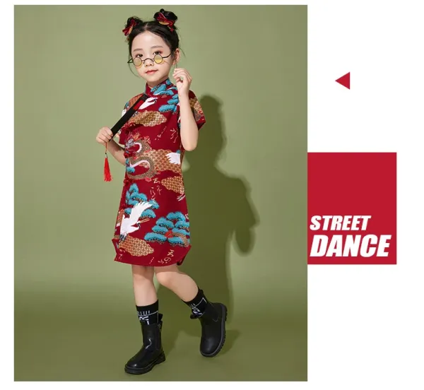 Traditional Chinese Dragon and Crane Print Shirt Set with Accessories in Red Multicolor - 16