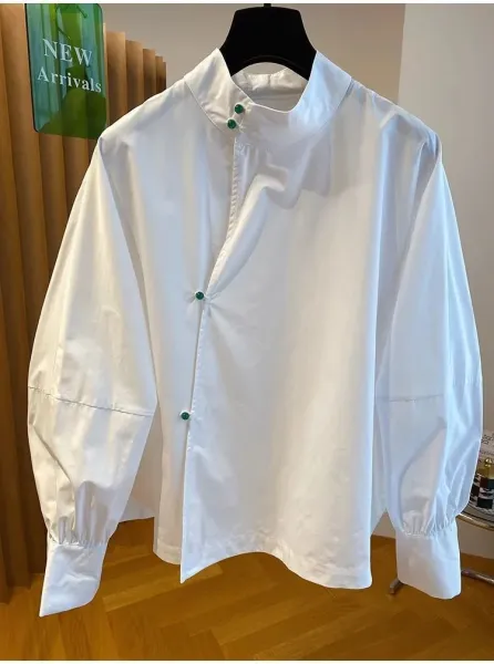 White Mandarin Collar Shirt with Green Buttons - 5