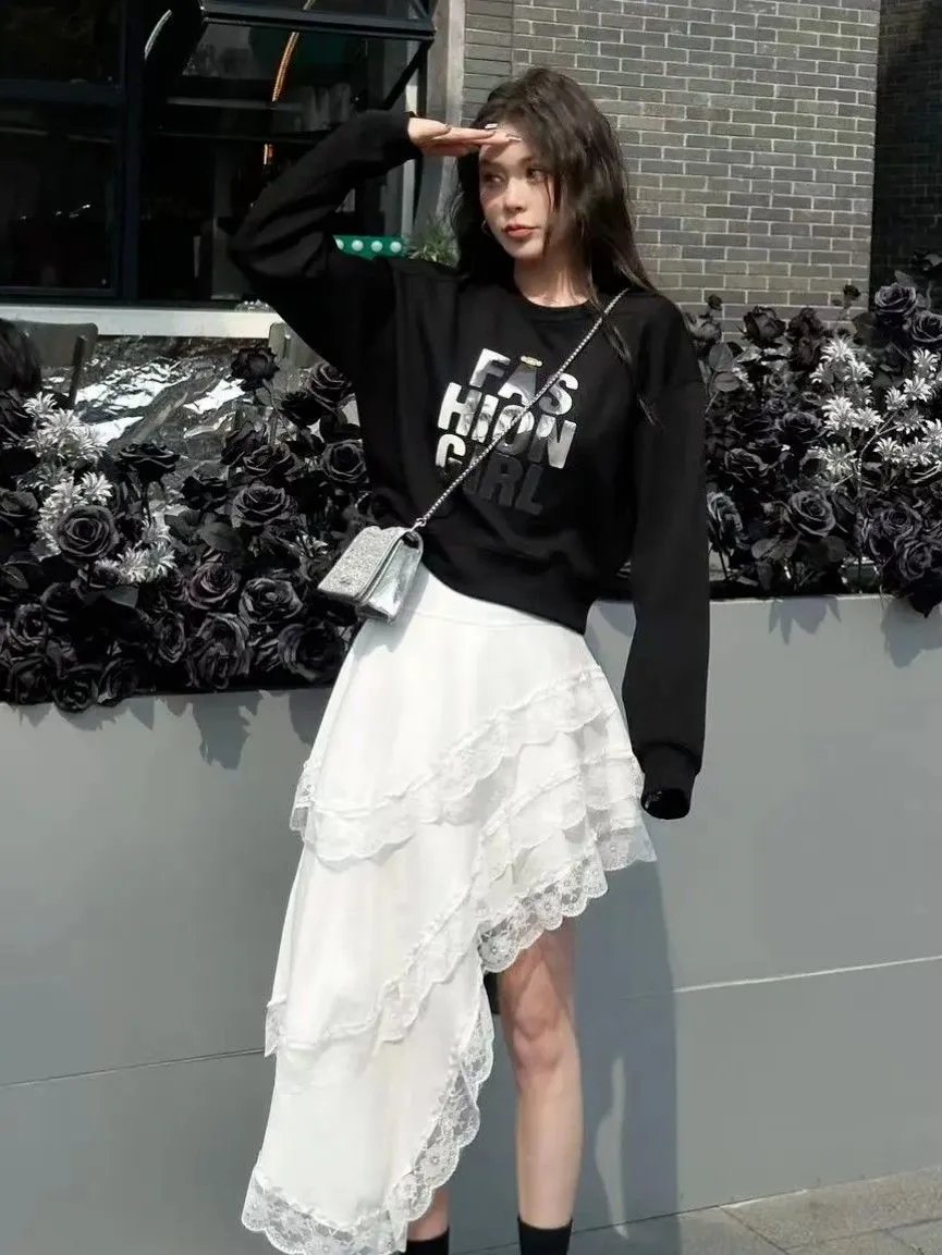White Lace Asymmetrical High-Low Skirt - 7