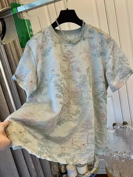 Design Embroidered Landscape Print T-Shirt in Pale Mint - 2