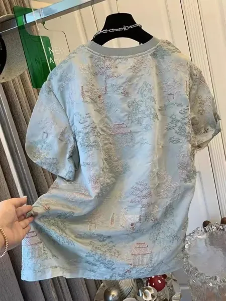 Design Embroidered Landscape Print T-Shirt in Pale Mint - 8