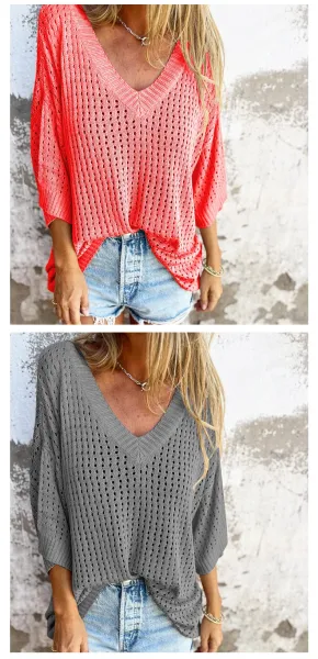 Yellow Open-Knit V-Neck Oversized Sweater Top - 12