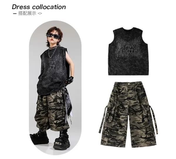 Design Streetwear Set: Acid Wash Rhinestone Vest Top + Camo Cargo Shorts + Spiked Choker + Bandana Keychain - 4