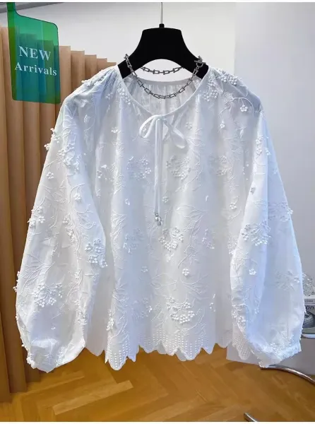 Embroidered Floral Lace Blouse White Tops - 7