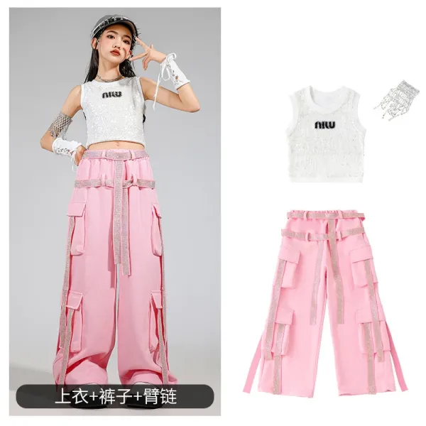 Miu Miu Sequined Crop Top + Cargo Pants Set Pink - 1