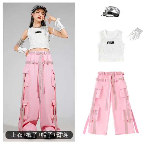 Miu Miu Sequined Crop Top + Cargo Pants Set in Pink and Silver - 1