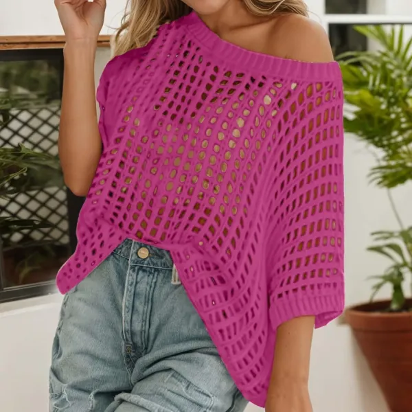 Brown Open-Knit Off-Shoulder Sweater - 9