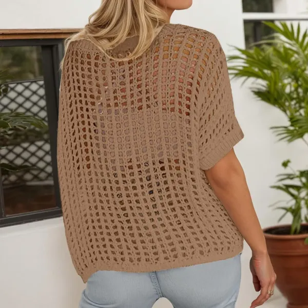 Brown Open-Knit Off-Shoulder Sweater - 7
