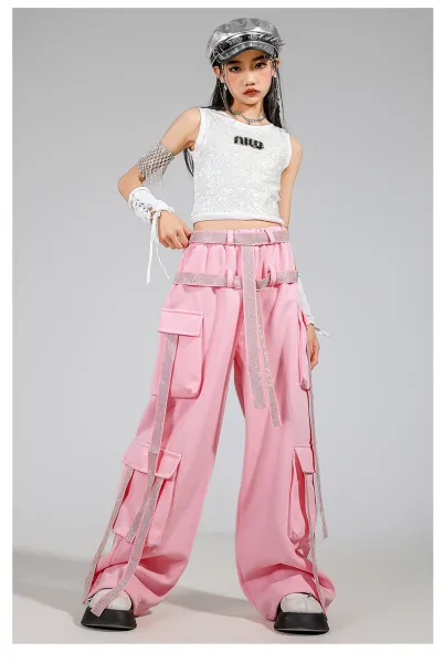 Miu Miu Sequined Crop Top + Cargo Pants Set in Pink and Silver - 8