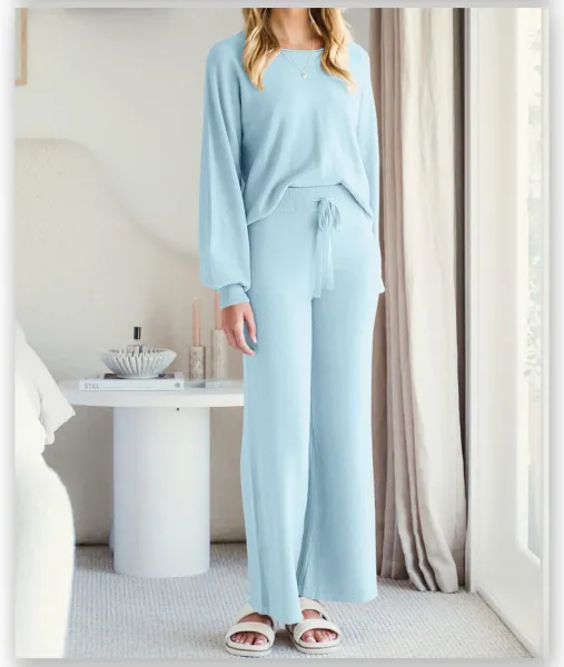 Beige Knit Lounge Set with Drawstring Waist Pants - 11