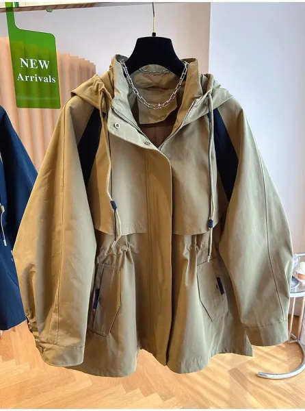 Design Utility Hooded Windbreaker Beige with Navy Panels Outerwear - 5