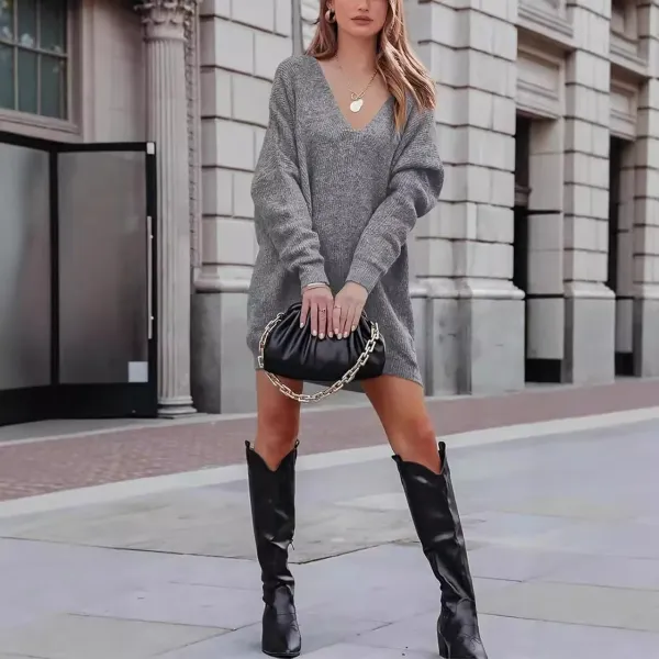 Oversized V-Neck Knit Dress in Gray with Black Knee-High Boots and Chain-Handle Clutch - 1