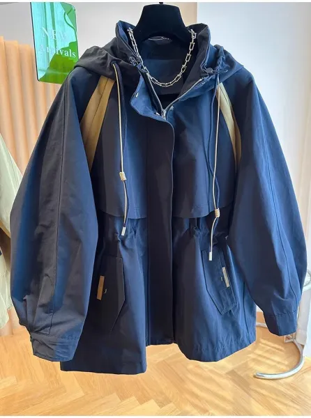 Design Utility Hooded Windbreaker Beige with Navy Panels Outerwear - 12
