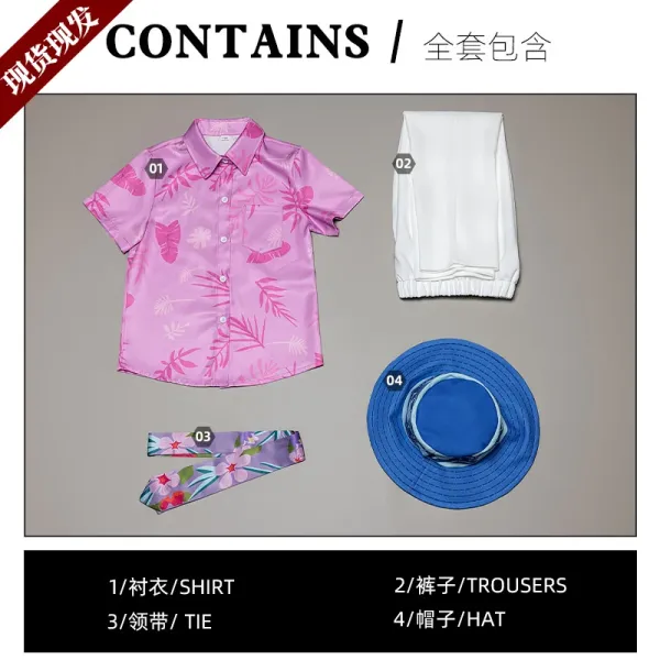 Hawaiian-Style Summer Set: Pink Floral Shirt, White Trousers, Floral Tie, Blue Bucket Hat - 1