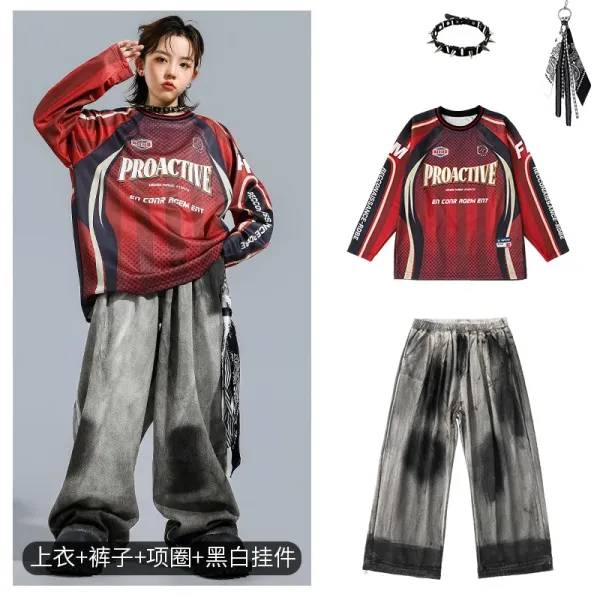 Proactive Sporty Graphic Long-Sleeve Jersey + Tie-Dye Wide-Leg Pants Set with Spiked Choker and Tassel Pendant - 1