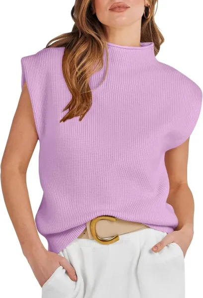 Ribbed Sleeveless Turtleneck Top in Pink Sweater - 19