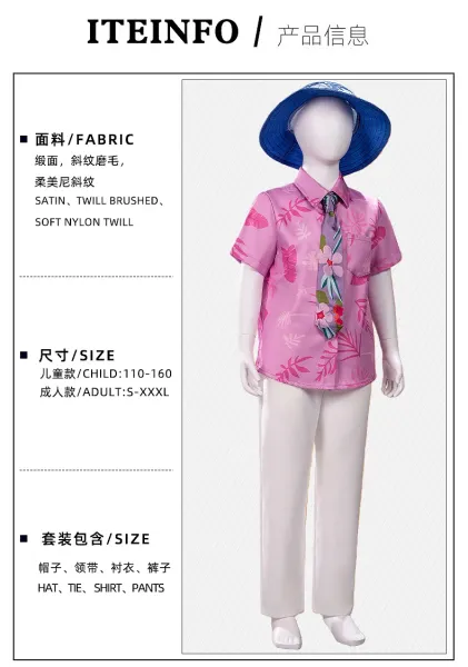 Hawaiian-Style Summer Set: Pink Floral Shirt, White Trousers, Floral Tie, Blue Bucket Hat - 3
