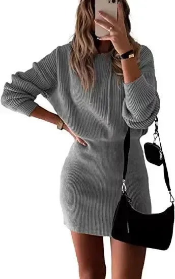 Ribbed Knit Hooded Mini Dress Gray - 1