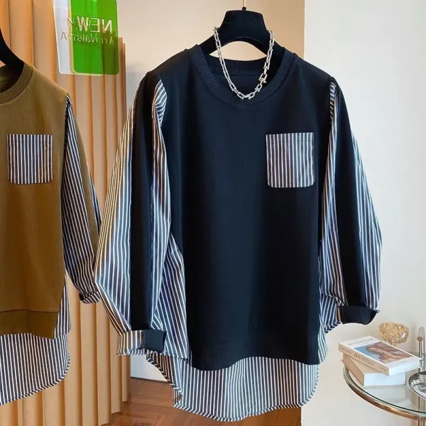 Layered Stripe Pocket Knit Sweater Black - 1
