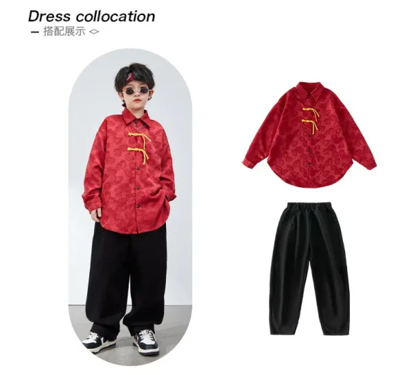Chinese-Inspired Velvet Shirt + Satin Pants + Chain Necklace Set Red/Black - 6