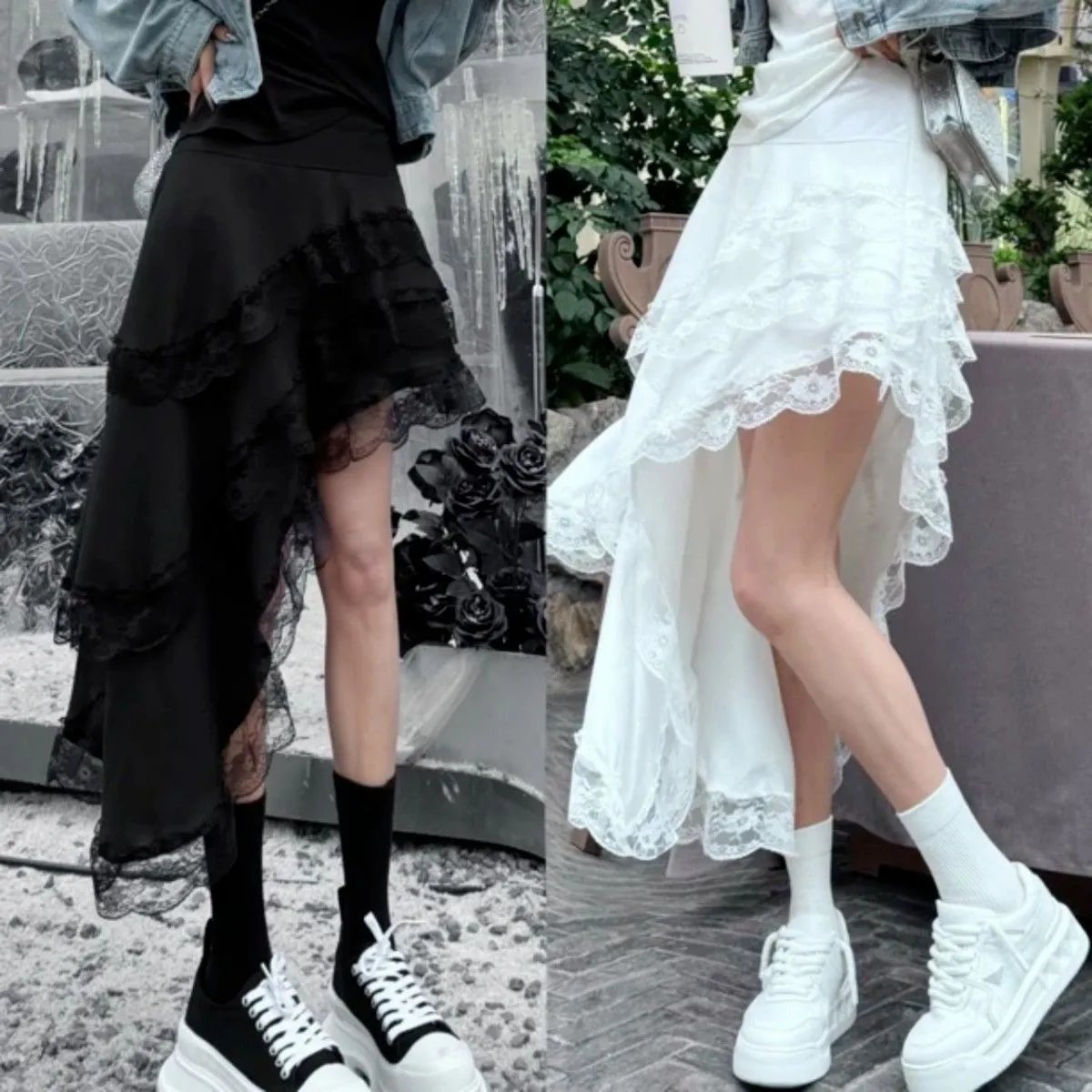 White Lace Asymmetrical High-Low Skirt - 3