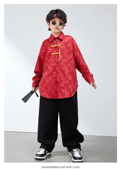 Chinese-Inspired Velvet Shirt + Satin Pants + Chain Necklace Set Red/Black - 15