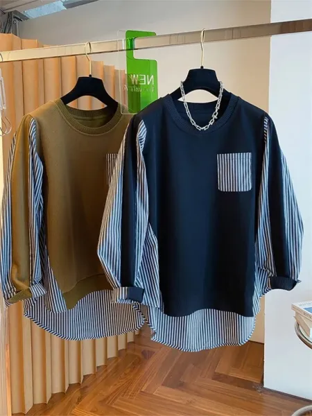 Oversized Layered Knit Top with Striped Sleeve and Pocket in Olive Brown - 12