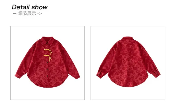 Chinese-Inspired Velvet Shirt + Satin Pants + Chain Necklace Set Red/Black - 19