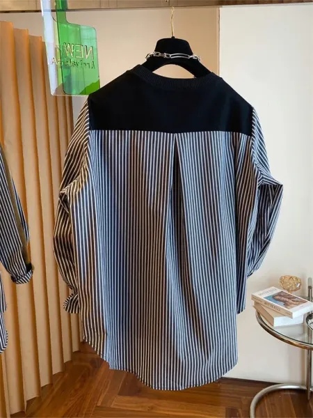 Oversized Layered Knit Top with Striped Sleeve and Pocket in Olive Brown - 19