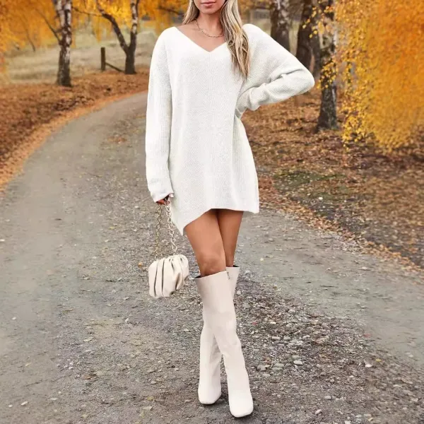Oversized V-Neck Knit Dress in Cream with Knee-High Boots and Chain Mini Bag - 1