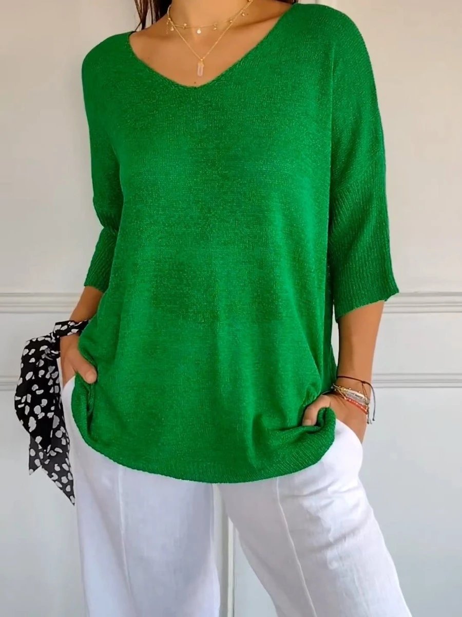 Emerald Green Metallic V-Neck Knit Top