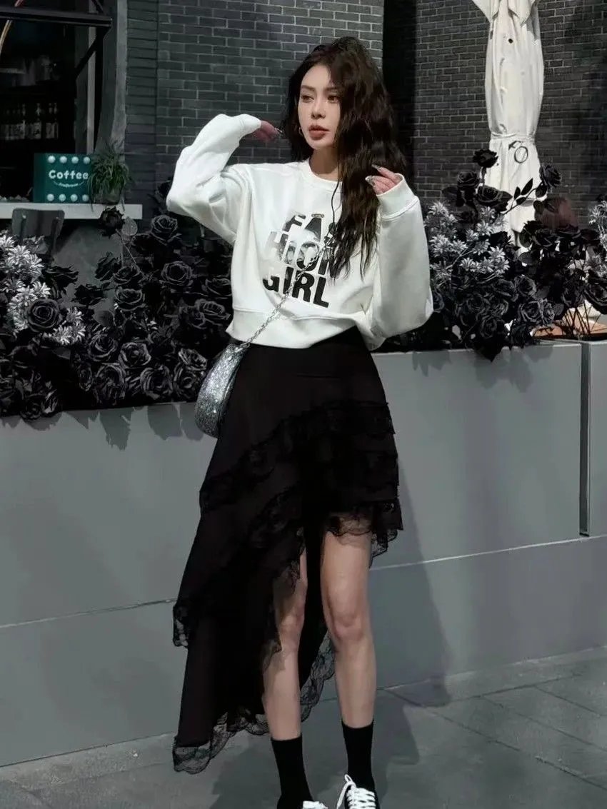 White Lace Asymmetrical High-Low Skirt - 4