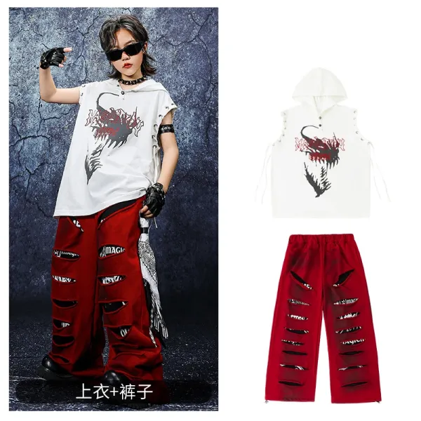 Design Streetwear Set: Dragon Print Hooded Vest + Distressed Red Wide-Leg Pants - 1