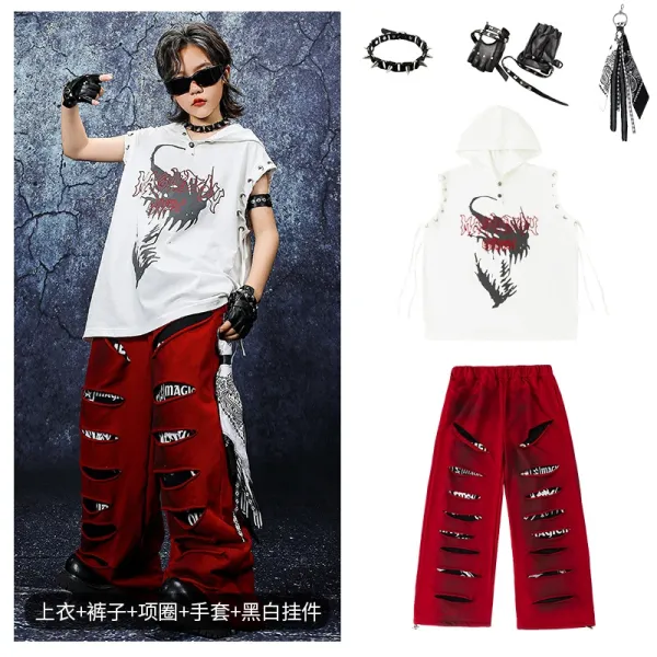 Design Streetwear Set: Dragon Print Hooded Sleeveless Top + Distressed Red Wide-Leg Pants + Accessories - 1