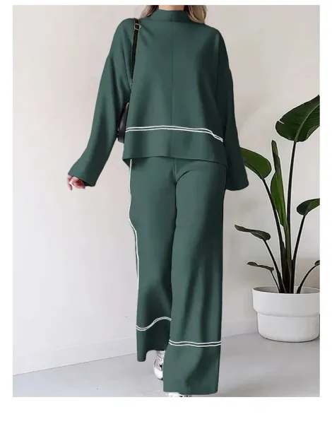 Design Track-Style Two-Piece Set with White Piping Black Pants and Sweater - 14