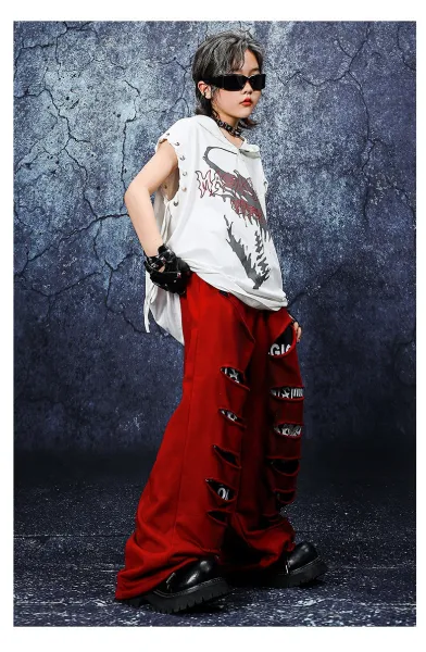 Design Streetwear Set: Dragon Print Hooded Vest + Distressed Red Wide-Leg Pants + Black-White Tassel Pendant - 10