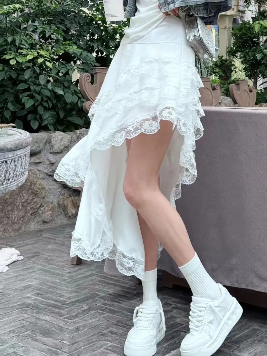 White Lace Asymmetrical High-Low Skirt - 14