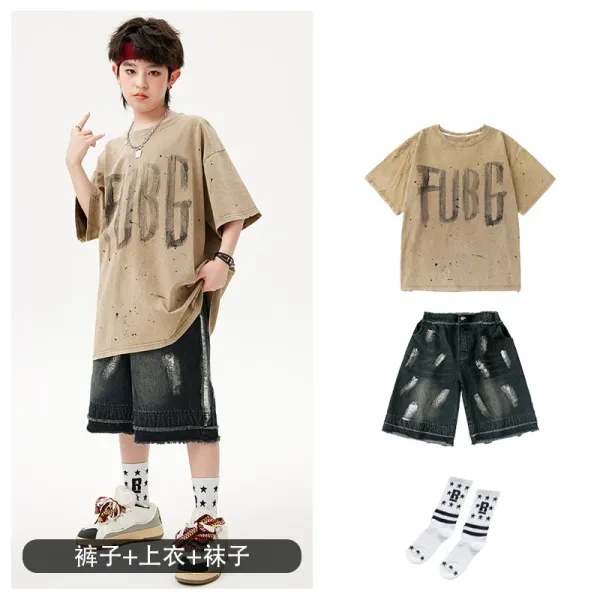 FUBG Distressed Graphic Oversized T-Shirt Beige + Ripped Denim Shorts Black + Star-Print Socks White - 1