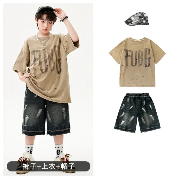 FUBG Graphic Print Oversized T-Shirt + Distressed Denim Shorts + Camo Cap Set - 1