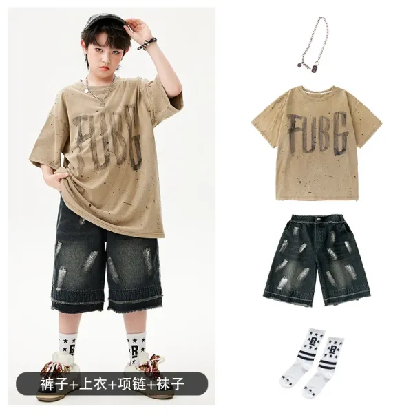 FUBG Graphic Print Oversized T-Shirt Beige + Distressed Denim Shorts Black + Star-Print Socks White + Chain Necklace Silver - 1