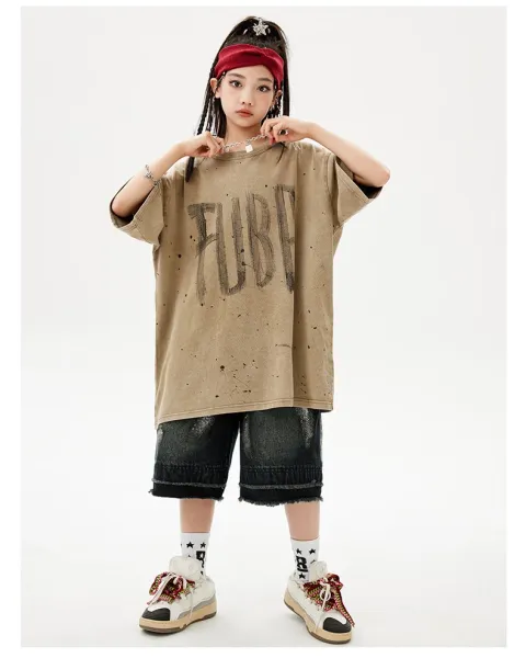 PUBG x Streetwear Oversized Graphic Tee Beige + Distressed Denim Shorts Black + Camo Cap + Star Socks Set - 8