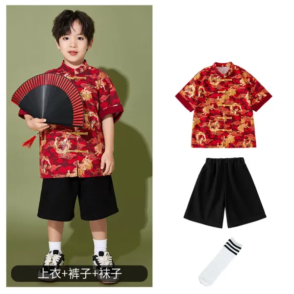 Traditional Chinese Dragon Print Shirt + Black Shorts + Striped Socks Set - 1