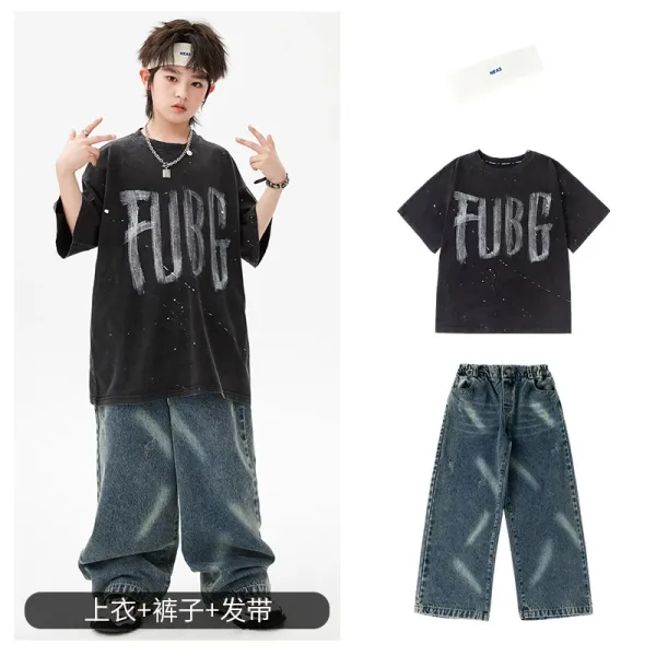 FUBG Graphic Print Oversized T-Shirt Black + Distressed Wide-Leg Jeans Blue - 1