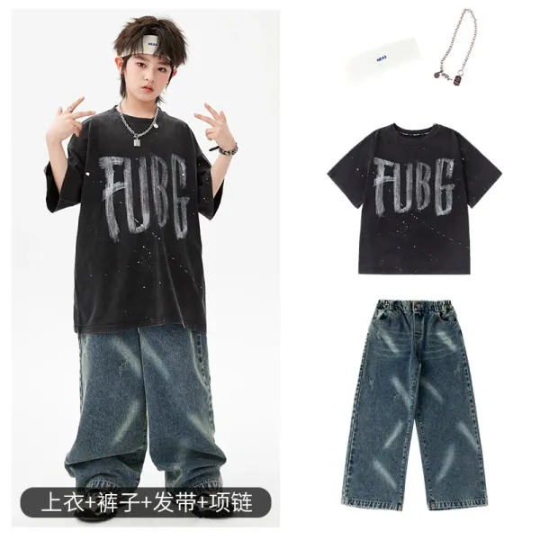 FUBG Graphic Print Oversized T-Shirt Black + Distressed Wide-Leg Jeans Blue + Chain Necklace + Headband Set - 1