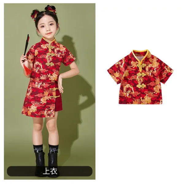 Traditional Chinese Qipao-Style Top Red Gold Dragon Print Shirt - 1
