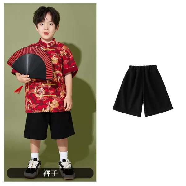 Traditional Chinese Style Short-Sleeve Shirt with Dragon Motif + Black Wide-Leg Shorts Set - 1