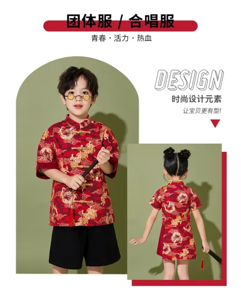 Traditional Chinese Dragon Print Hanfu-Style Set Red + Black Shorts + Folding Fan - 3